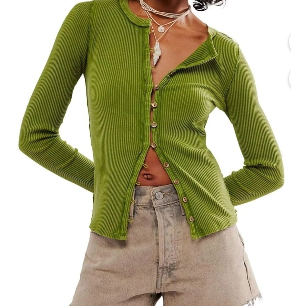 NWT Free People We The Free It's On Cardi Button Shirt Green Size XS $68 [jb]